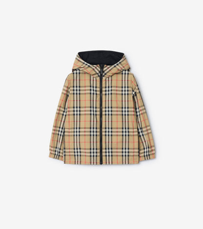 Reversible Check Hooded Jacket in Sand beige