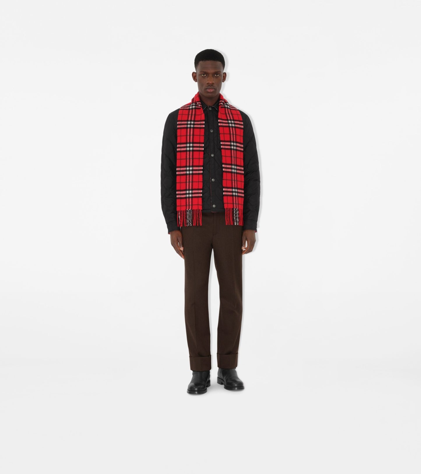 Narrow Check Cashmere Scarf in Post red