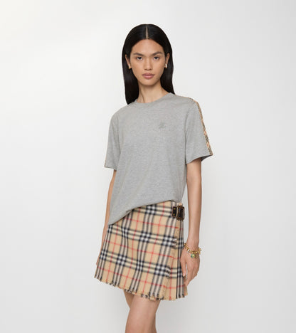 Check Trim Cotton T-shirt in Pale grey melange