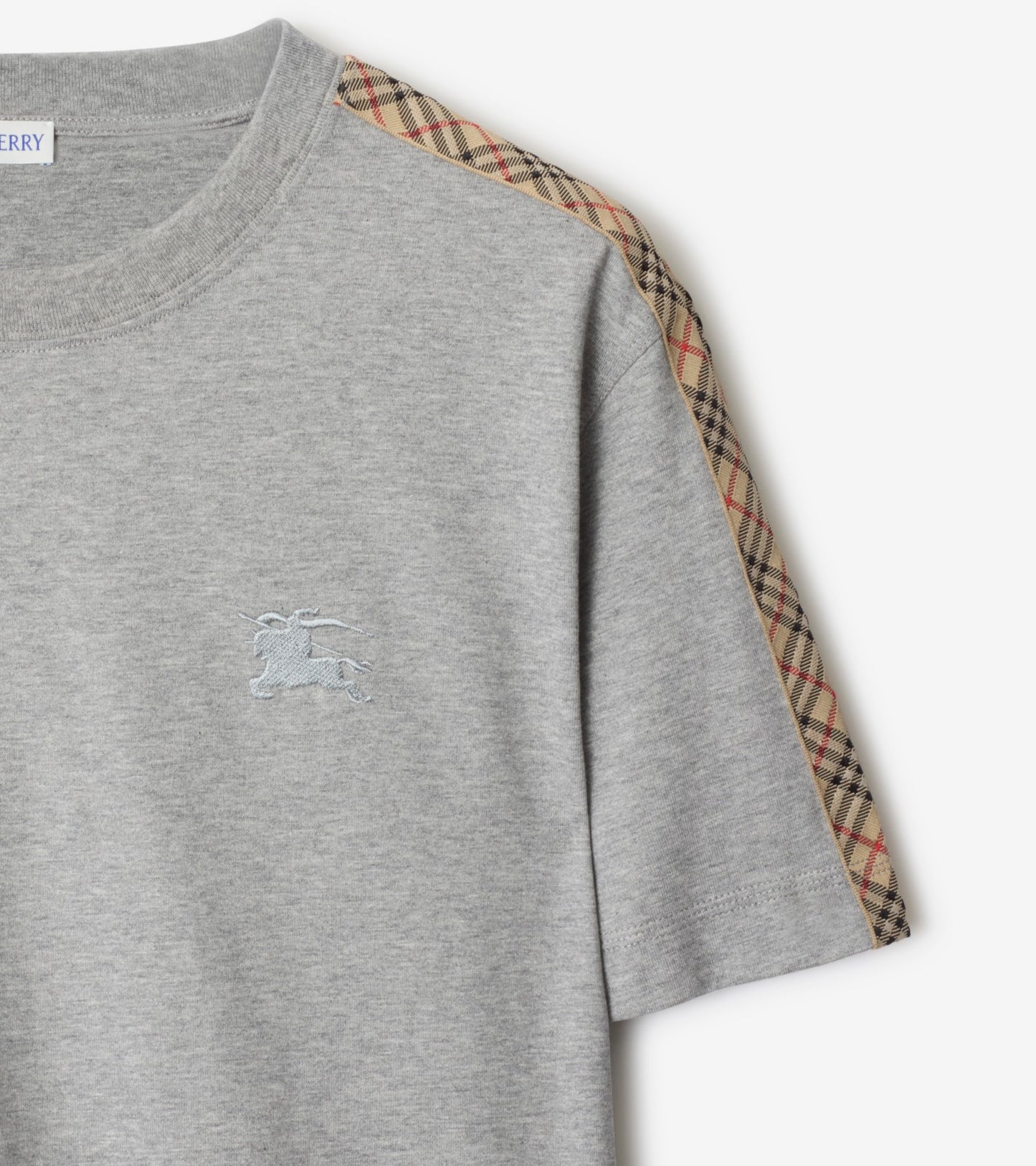 Check Trim Cotton T-shirt in Pale grey melange