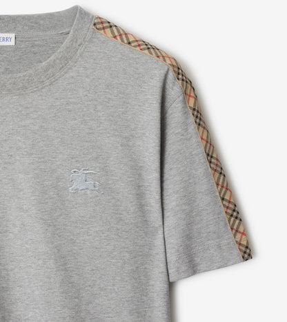 Check Trim Cotton T-shirt in Pale grey melange