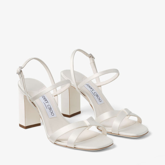 Elsy Block Heel 85 Ivory Satin Sandals with Crystal-Embellished Buckle