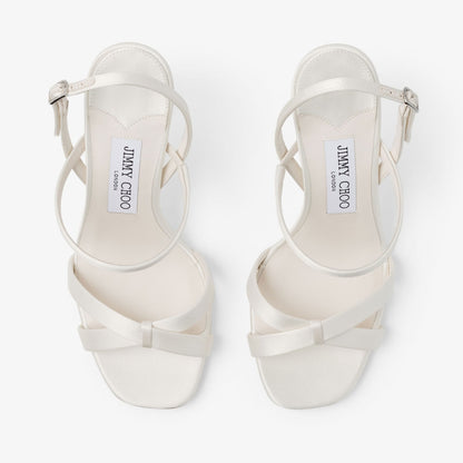 Elsy Block Heel 85 Ivory Satin Sandals with Crystal-Embellished Buckle