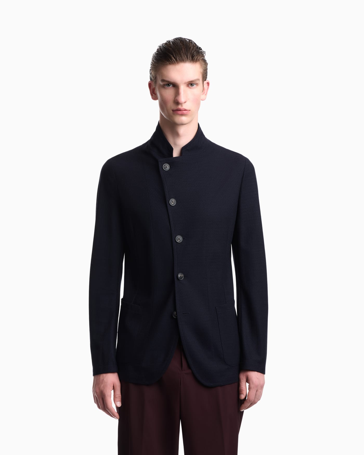 Unlined blazer in textured virgin wool jersey with pockets