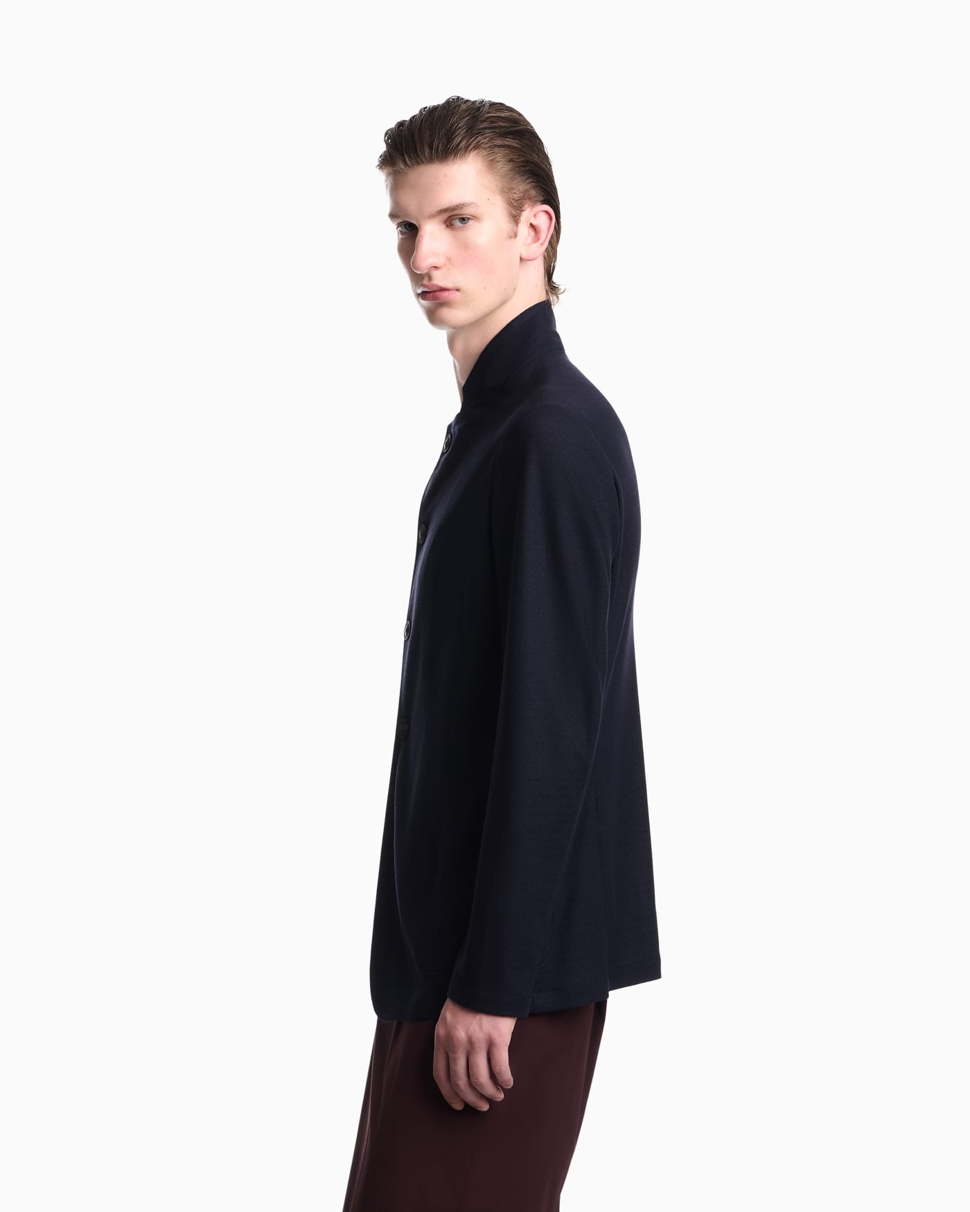 Unlined blazer in textured virgin wool jersey with pockets