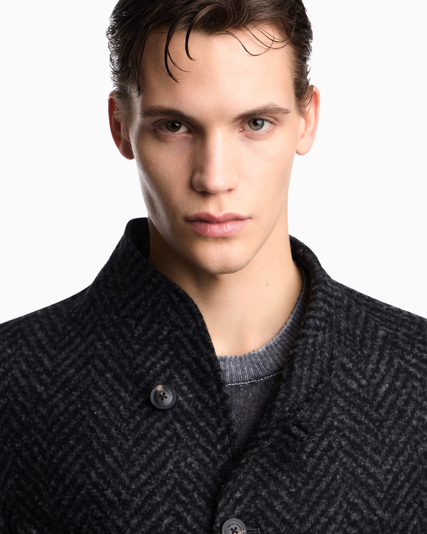 Guru-collar jacket in jacquard jersey with a chevron motif