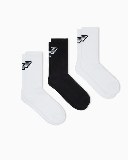 Set of three ribbed stretch cotton crew socks with logo