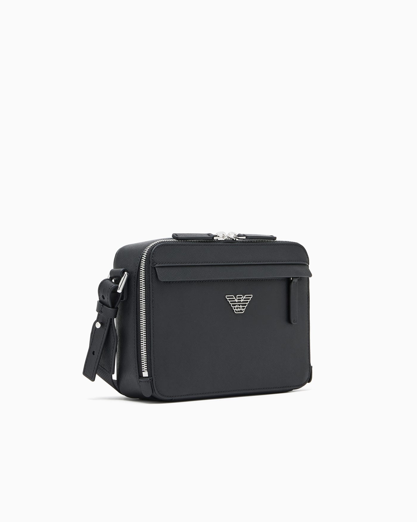 Textured crossbody bag with a front pocket and a metal logo