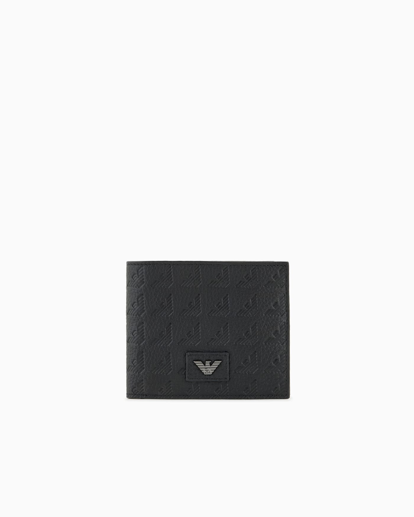 Leather coin-pocket wallet with all-over embossed eagle