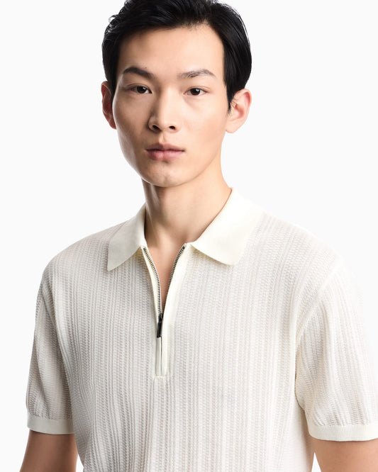 Vertical tuck-stitch jumper with polo-shirt collar