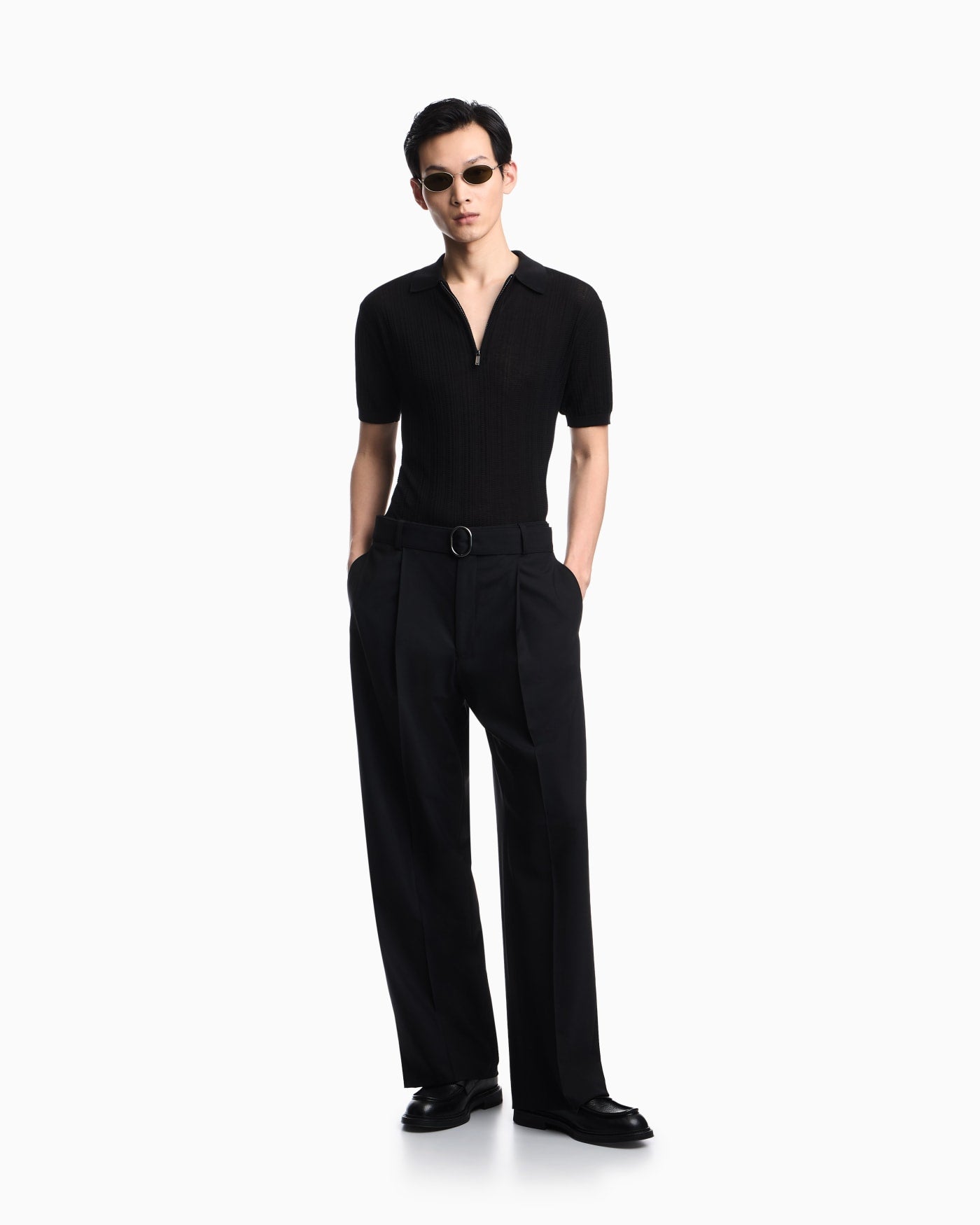 Vertical tuck-stitch jumper with polo-shirt collar
