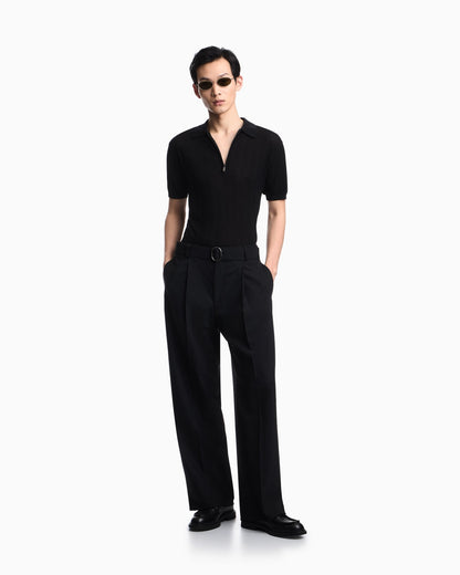 Vertical tuck-stitch jumper with polo-shirt collar