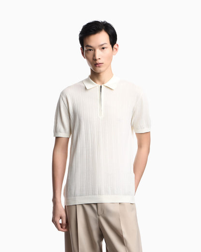 Vertical tuck-stitch jumper with polo-shirt collar