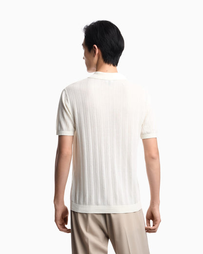 Vertical tuck-stitch jumper with polo-shirt collar