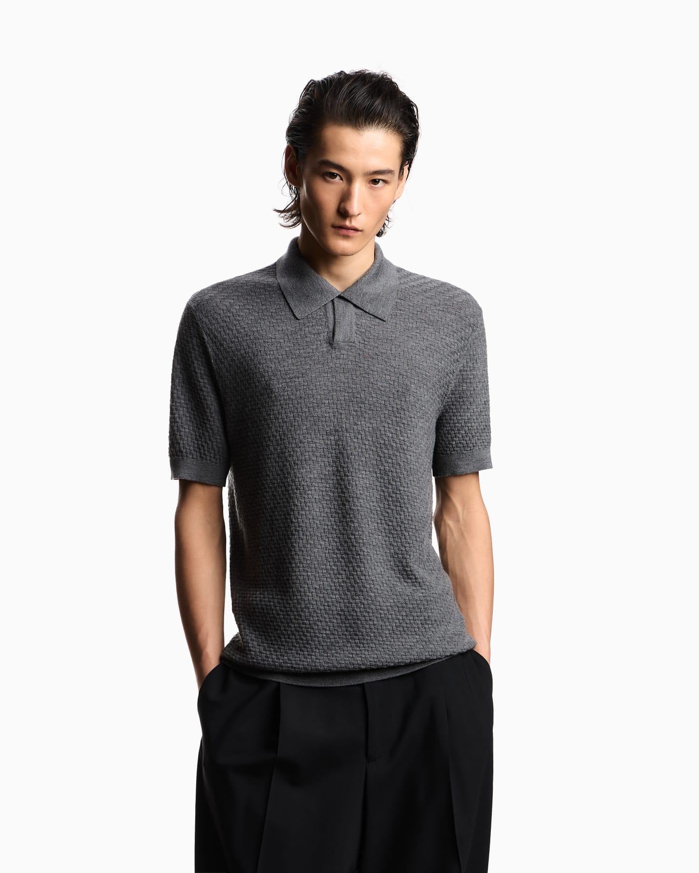 Polo shirt-collar jumper in virgin wool with check motif