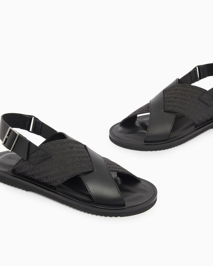 Leather and jacquard cross-over sandals