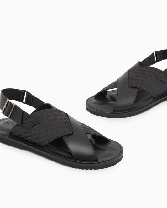 Leather and jacquard cross-over sandals