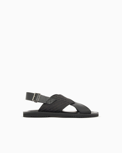 Leather and jacquard cross-over sandals