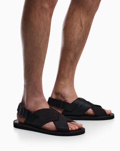 Leather and jacquard cross-over sandals