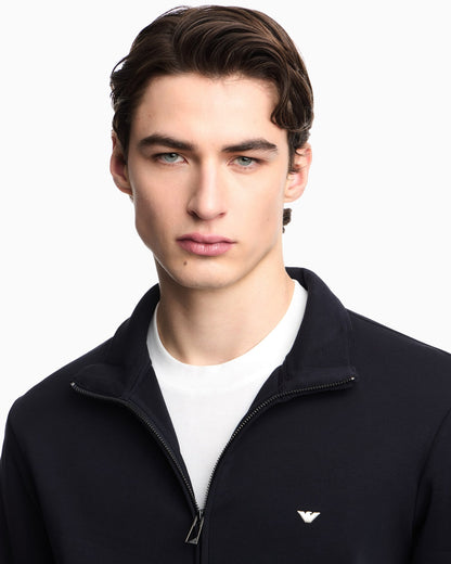 Full-zip sweatshirt in double jersey with micro eagle embroidery