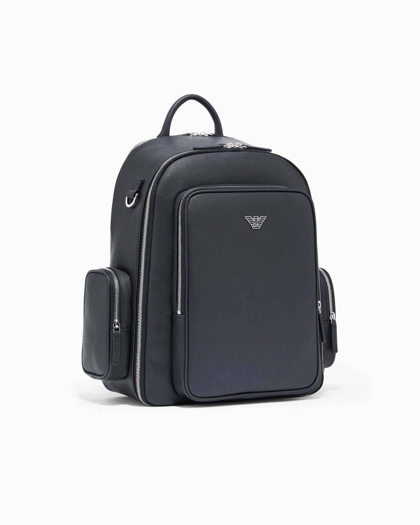 Backpack with a metallic logo and silver-tone zips