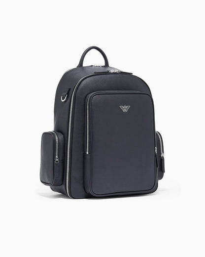 Backpack with a metallic logo and silver-tone zips