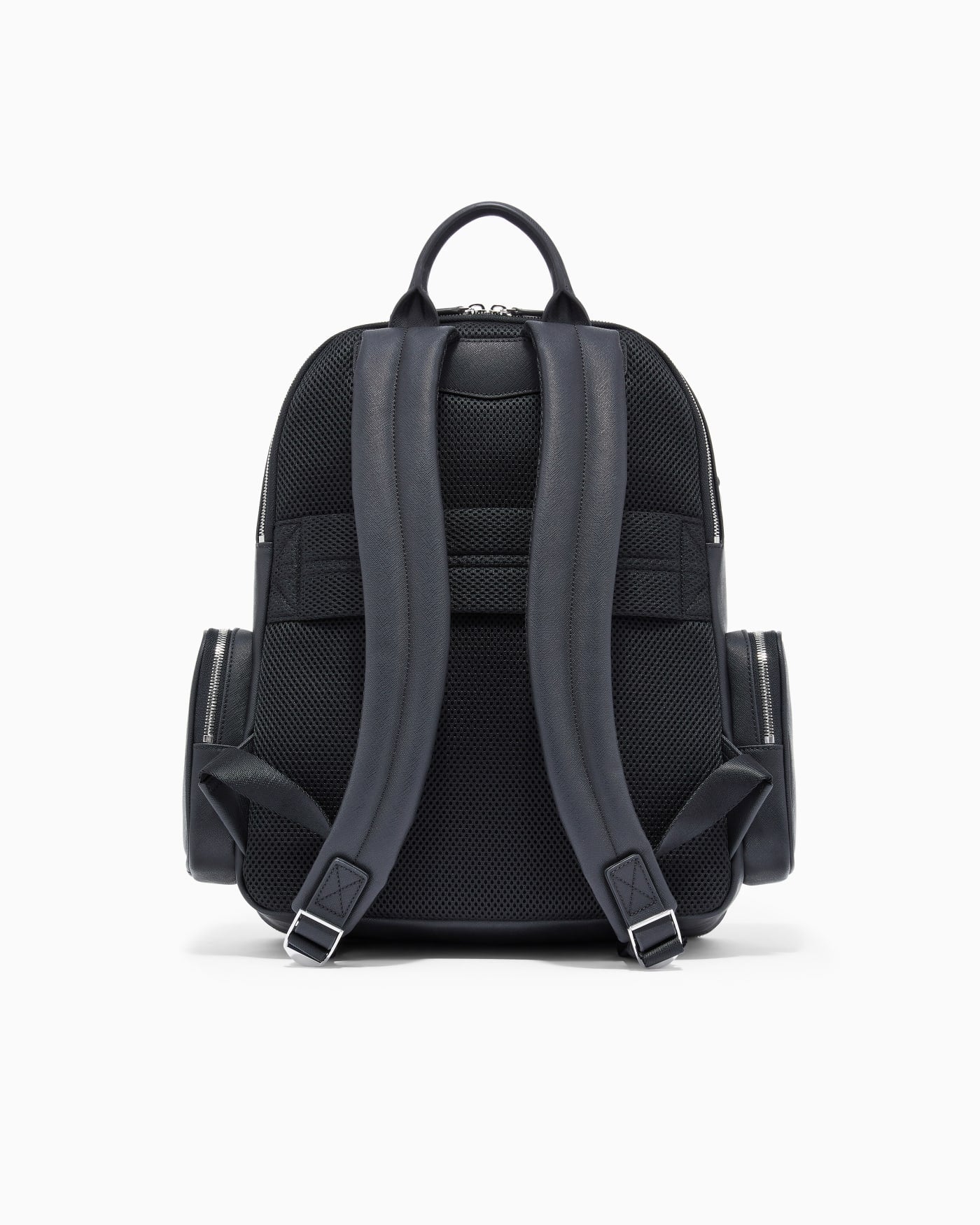 Backpack with a metallic logo and silver-tone zips