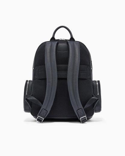 Backpack with a metallic logo and silver-tone zips