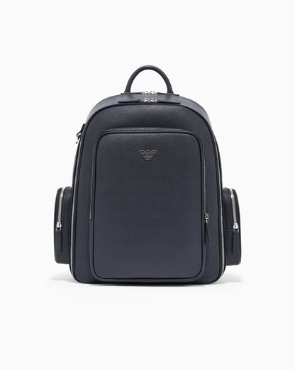 Backpack with a metallic logo and silver-tone zips