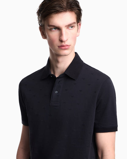 Slim-fit jersey polo shirt with all-over jacquard eagle