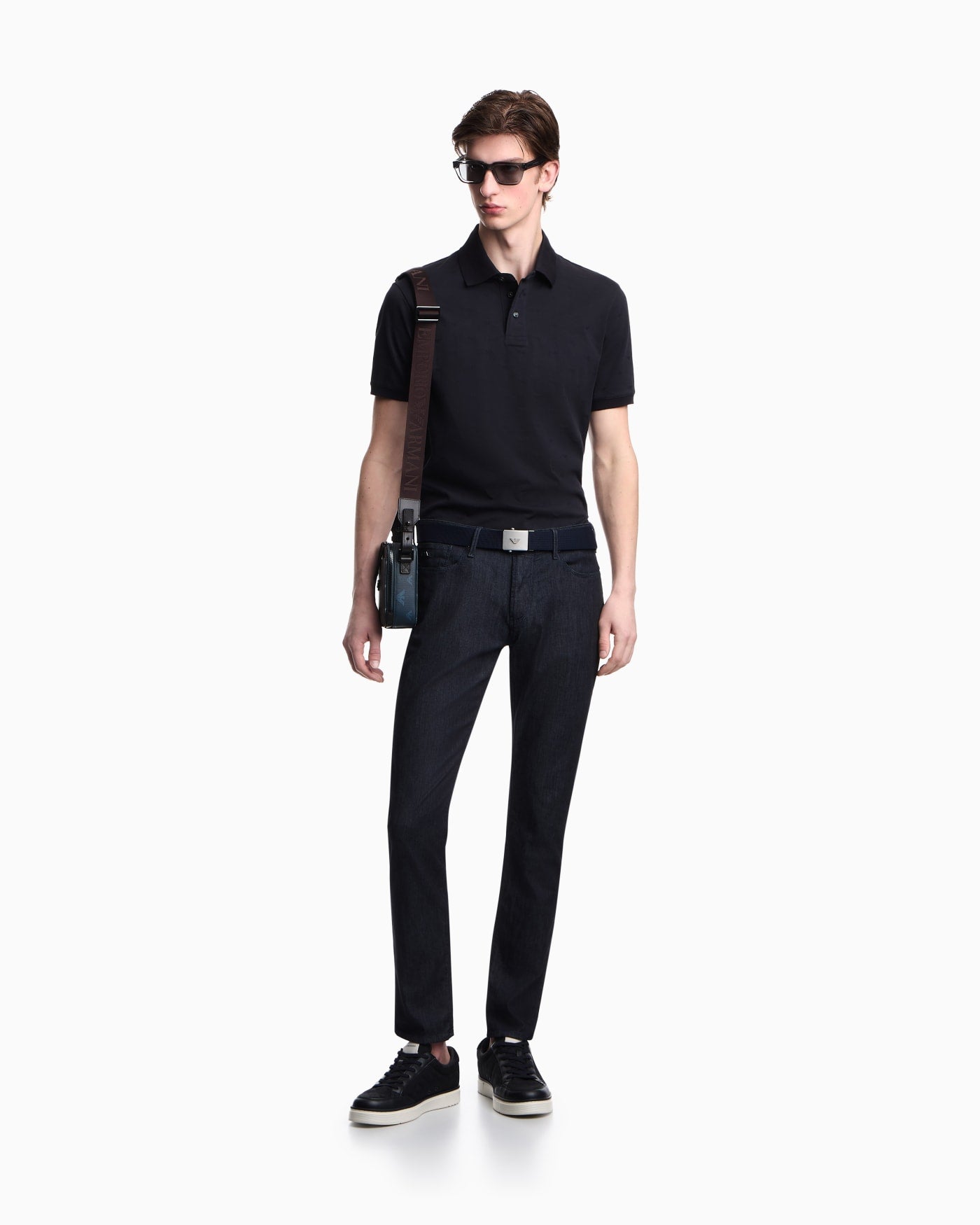 Slim-fit jersey polo shirt with all-over jacquard eagle