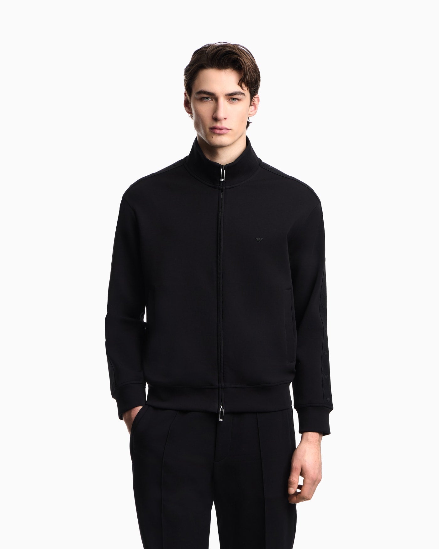Full-zip sweatshirt in double jersey with micro-eagle band
