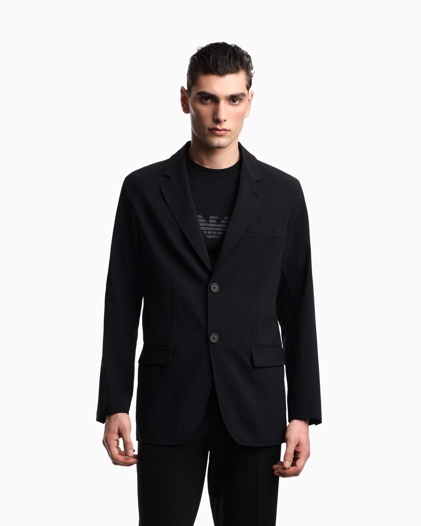 Single-breasted jacket in technical seersucker fabric