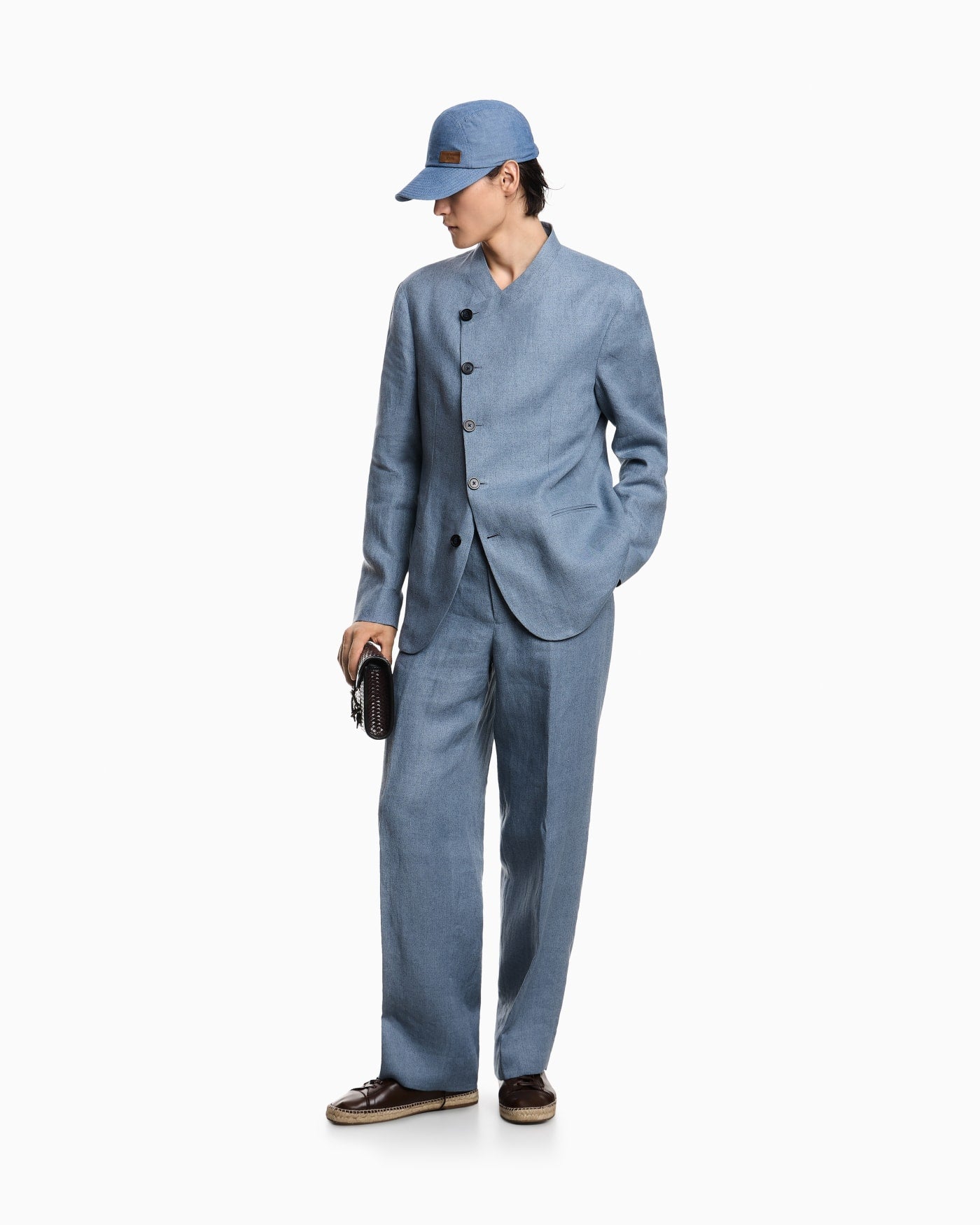 Icon jacket with diagonal fastening in textured mouliné linen satin
