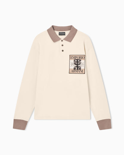 Piqué polo shirt with patch and tribal print