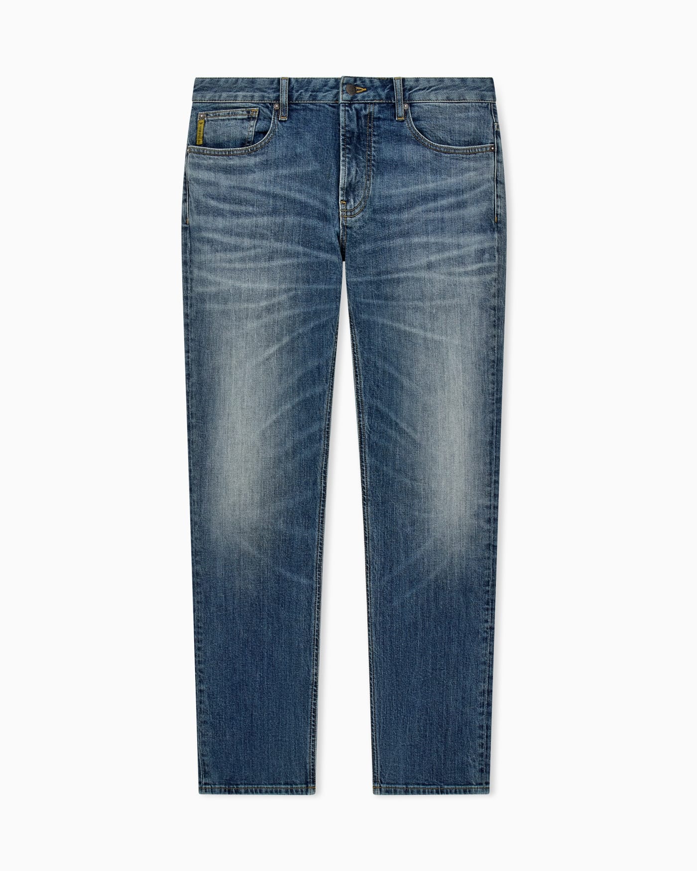 Straight-leg denim jeans with faded wash and whiskering