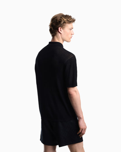 Polo collar sweater in wool and lyocell blend with patterned knit