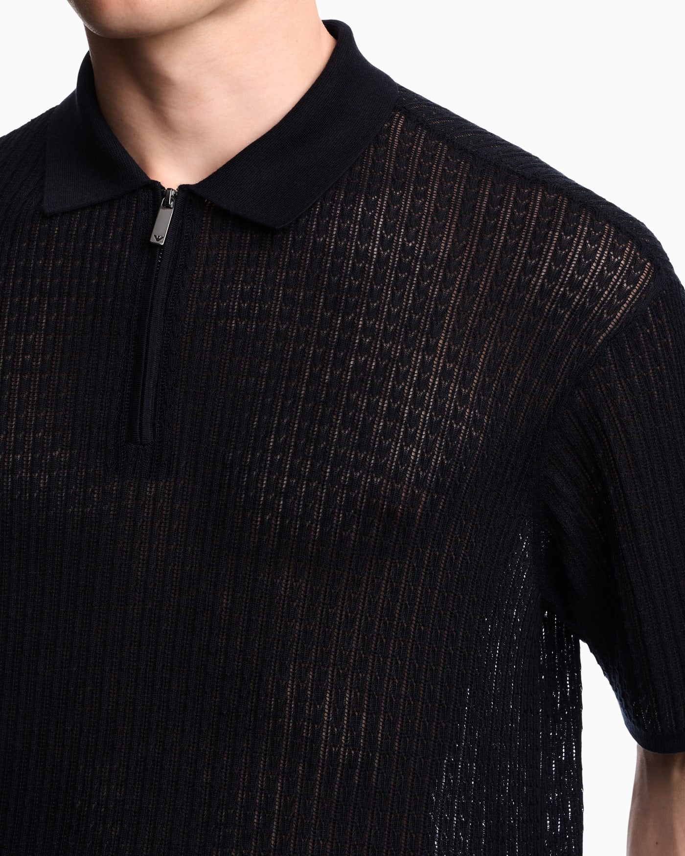 Polo collar sweater in wool and lyocell blend with patterned knit