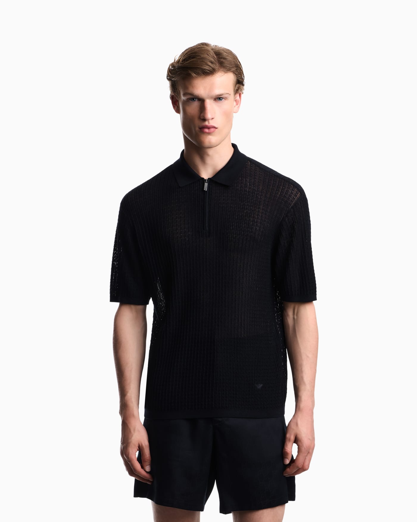 Polo collar sweater in wool and lyocell blend with patterned knit