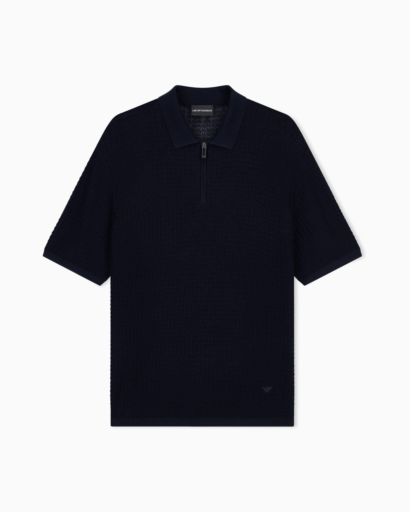 Polo collar sweater in wool and lyocell blend with patterned knit