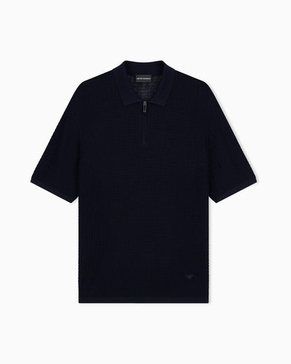 Polo collar sweater in wool and lyocell blend with patterned knit