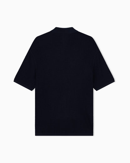 Polo collar sweater in wool and lyocell blend with patterned knit