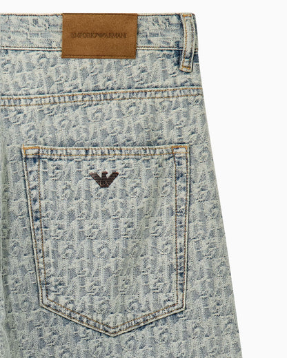 Five-pocket jacquard denim jeans with a monogram pattern