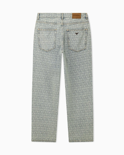 Five-pocket jacquard denim jeans with a monogram pattern