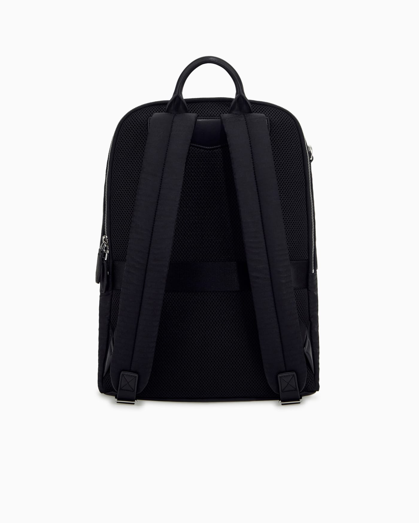 Backpack with a front zip pocket and a metal logo plaque