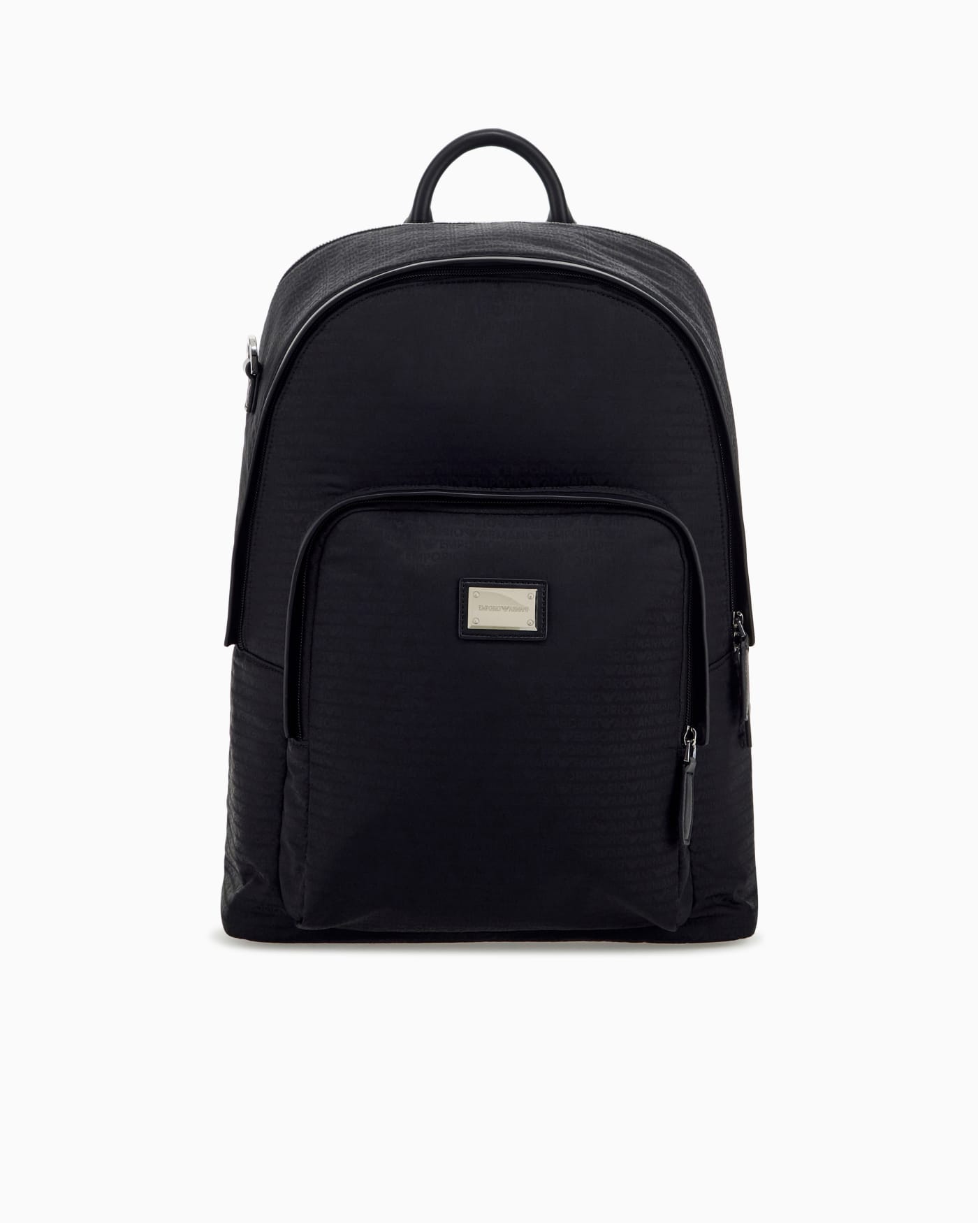 Backpack with a front zip pocket and a metal logo plaque
