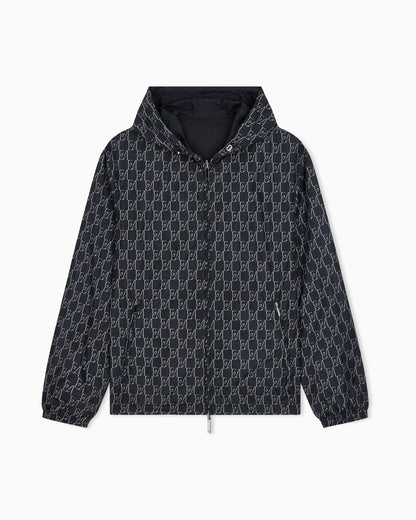 Hooded blouson jacket with a zip and an all-over print
