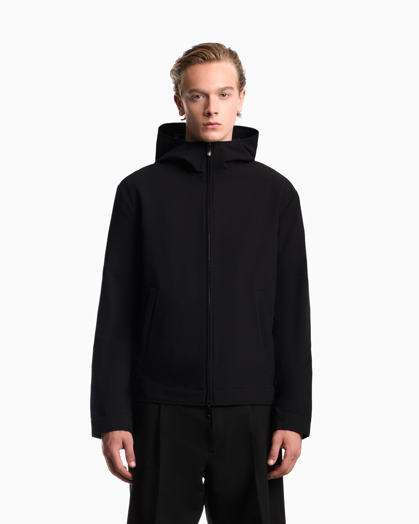 Blouson jacket seersucker with down and feather padding
