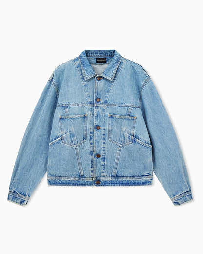 Blouson jacket in stone washed denim with metal buttons