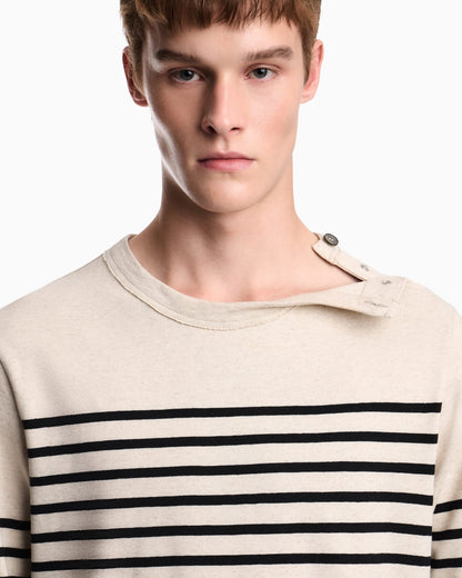 Jumper in striped cotton jersey with shoulder button